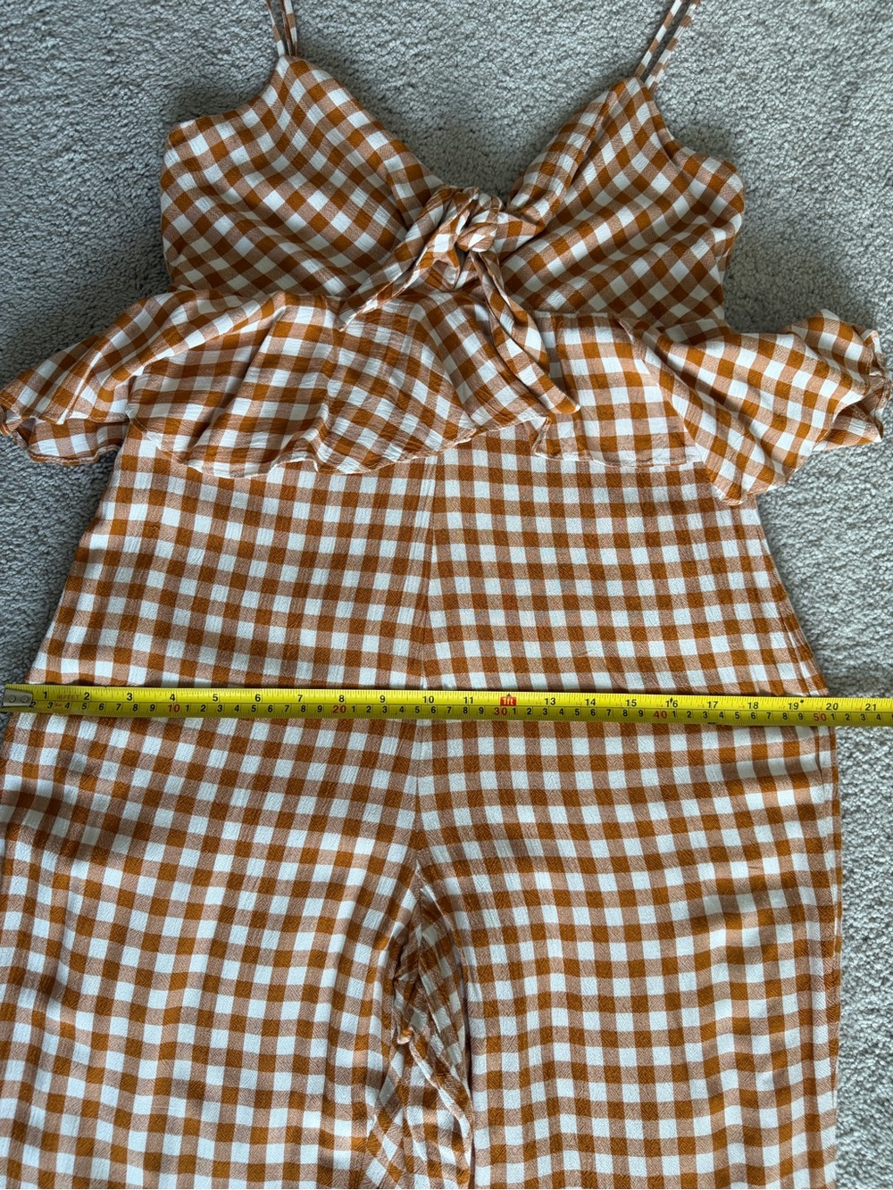 Saylor x Anthropologie Laken Gingham Ruffle Jumpsuit Apricot White Small - Picture 11 of 13